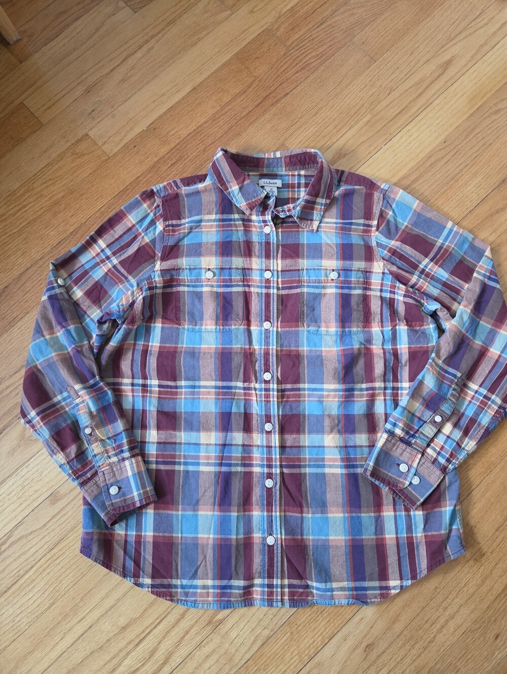 L.L.Bean Plaid button down Medium maroon turquoise tan